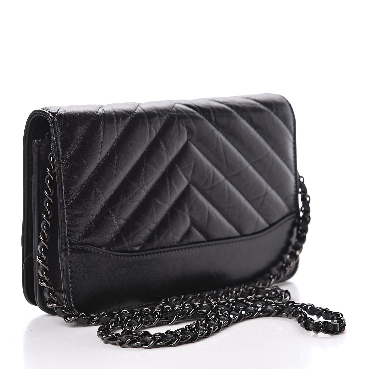 Chanel Aged Calfskin Chevron Quilted Gabrielle Wallet On Chain WOC Black 3 of 12