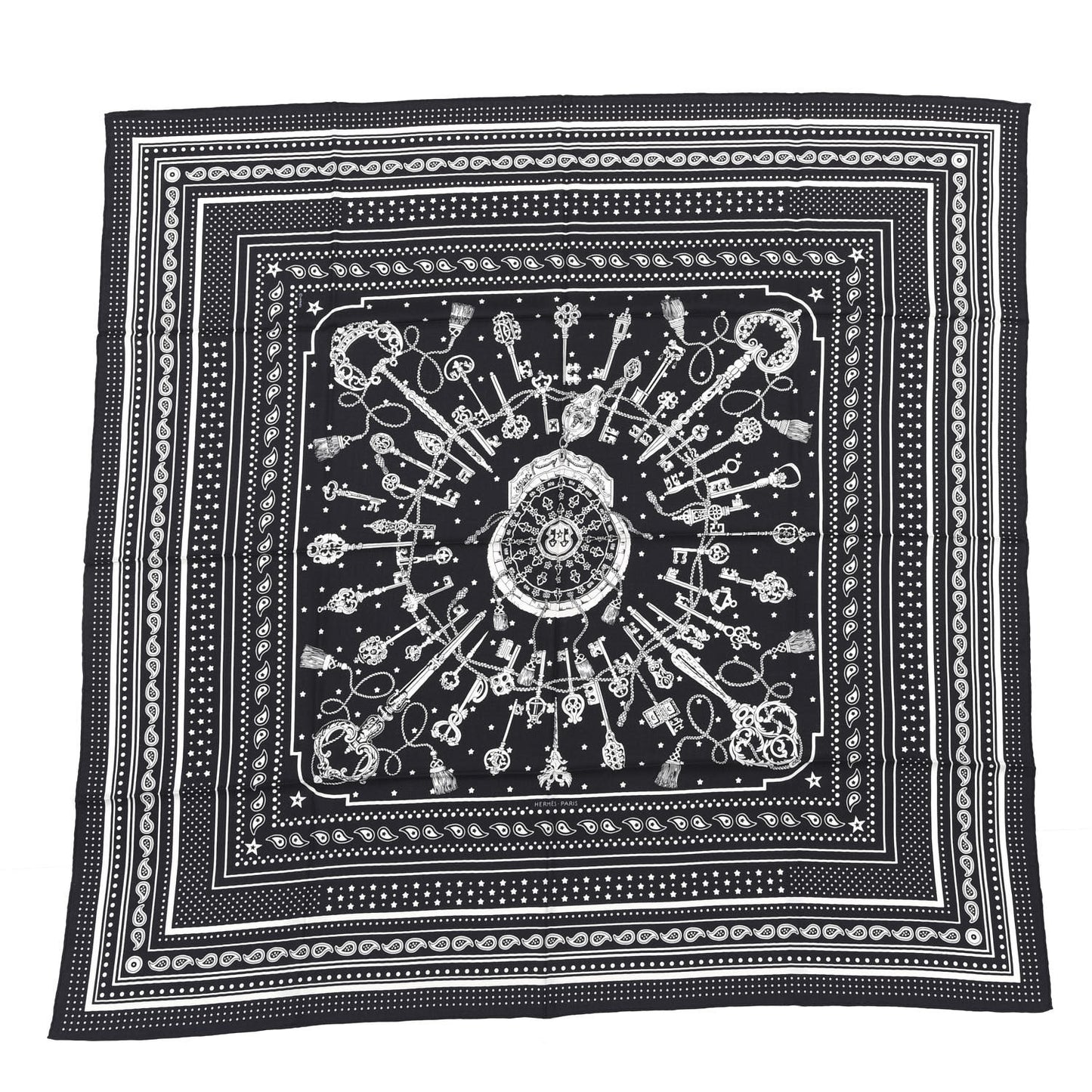 Cashmere Silk Les Cles Bandana Shawl 140 Black White