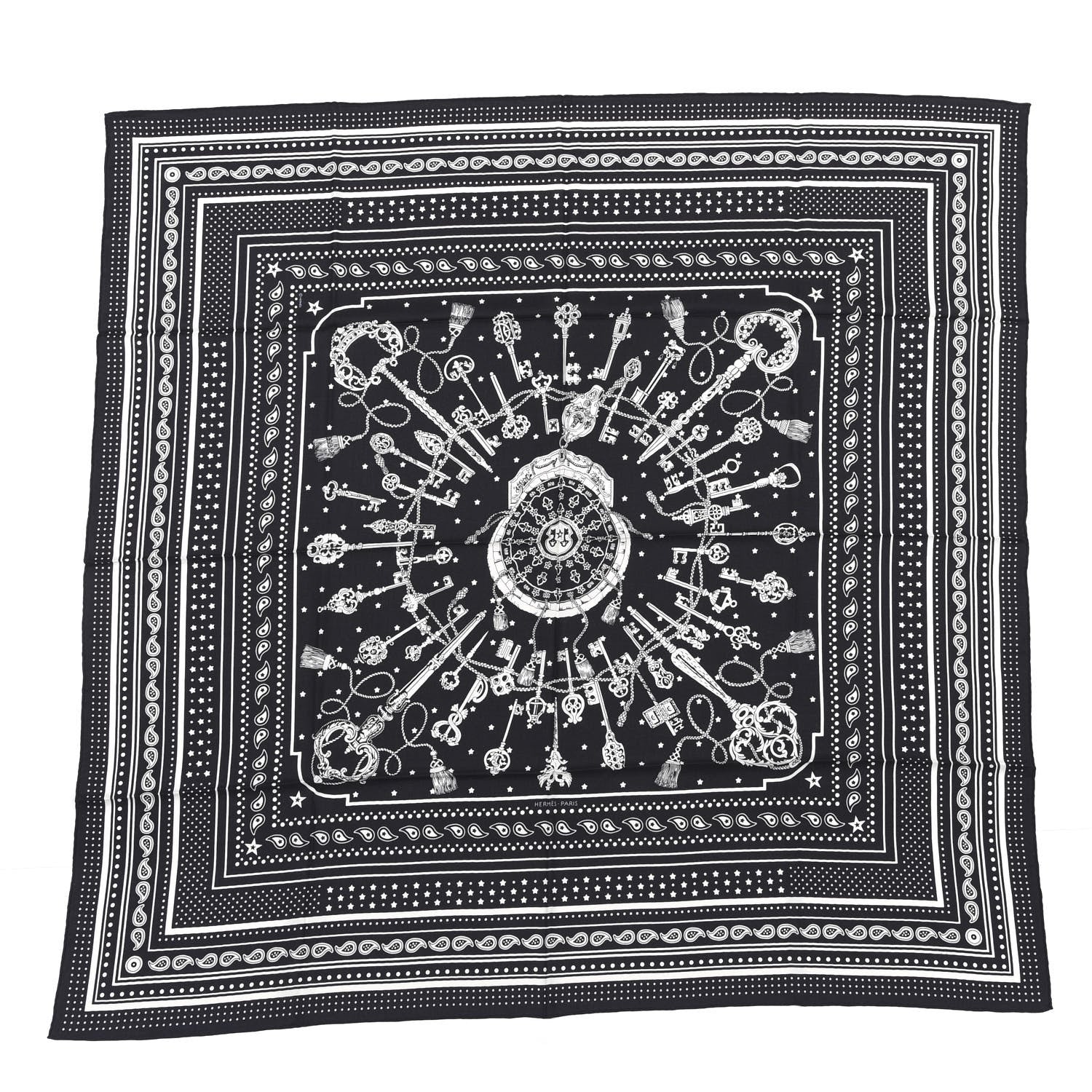 Hermes Cashmere Silk Les Cles Bandana Shawl 140 Black White 1 of 4