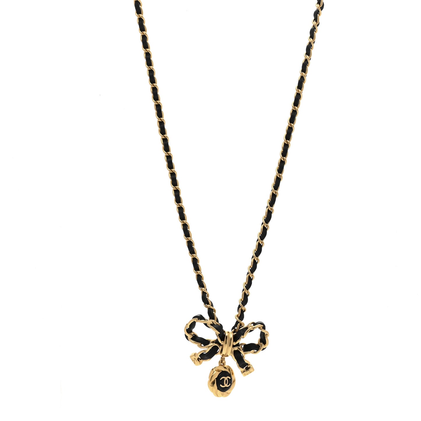Metal Lambskin Chain CC Bow Necklace Black Gold