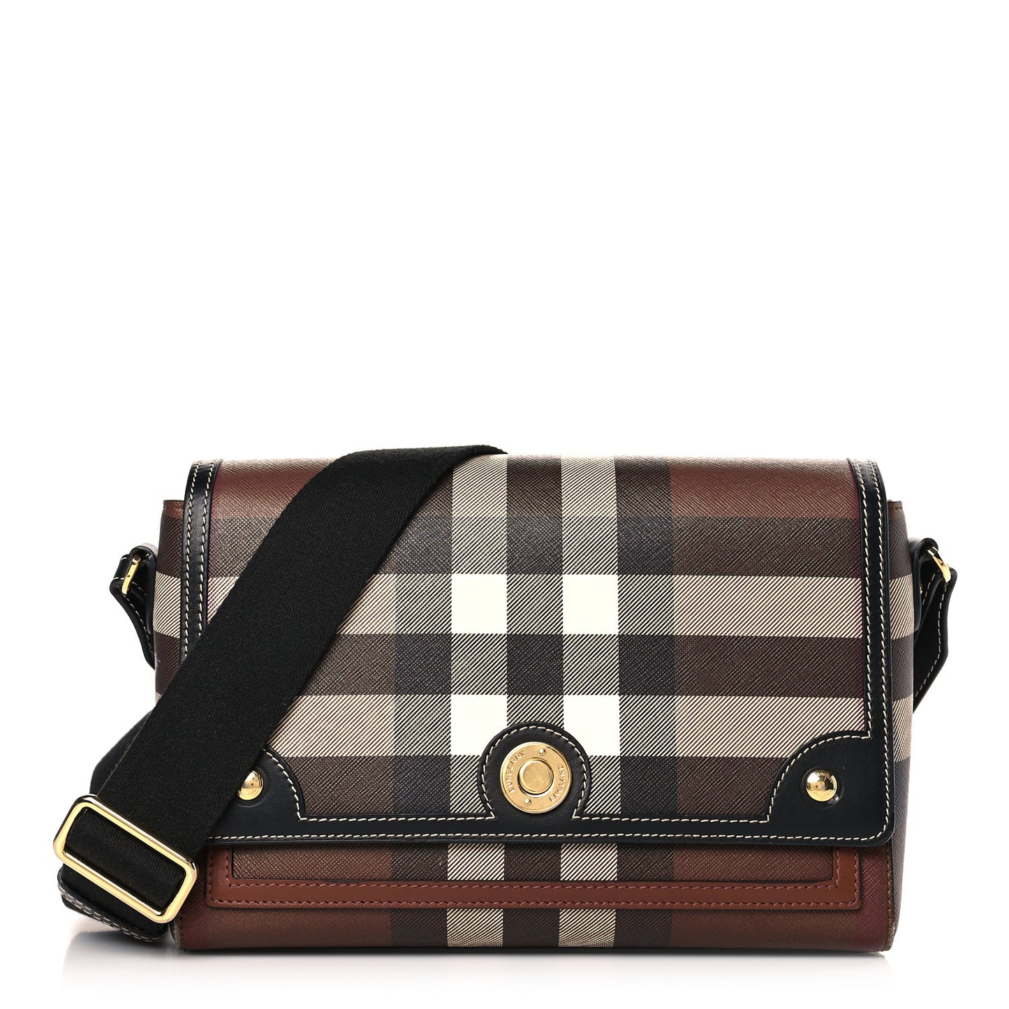 Coated Canvas Calfskin Vintage Check Medium Note Crossbody Bag Dark Birch Black