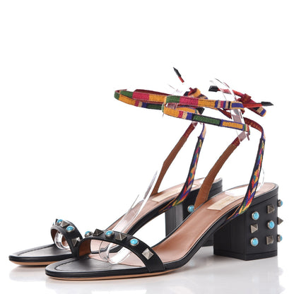 Valentino Garavani Calfskin Embroidered Rockstud Rolling Wrap Sandals 38.5 Black Multicolor 3 of 8