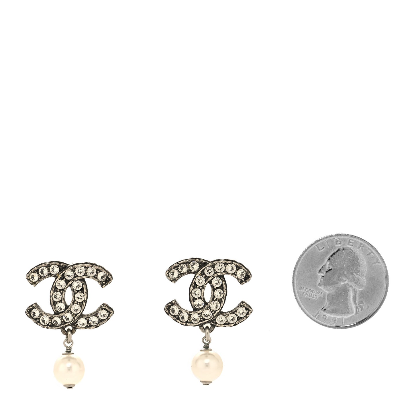 Crystal Pearl CC Drop Earrings Ruthenium