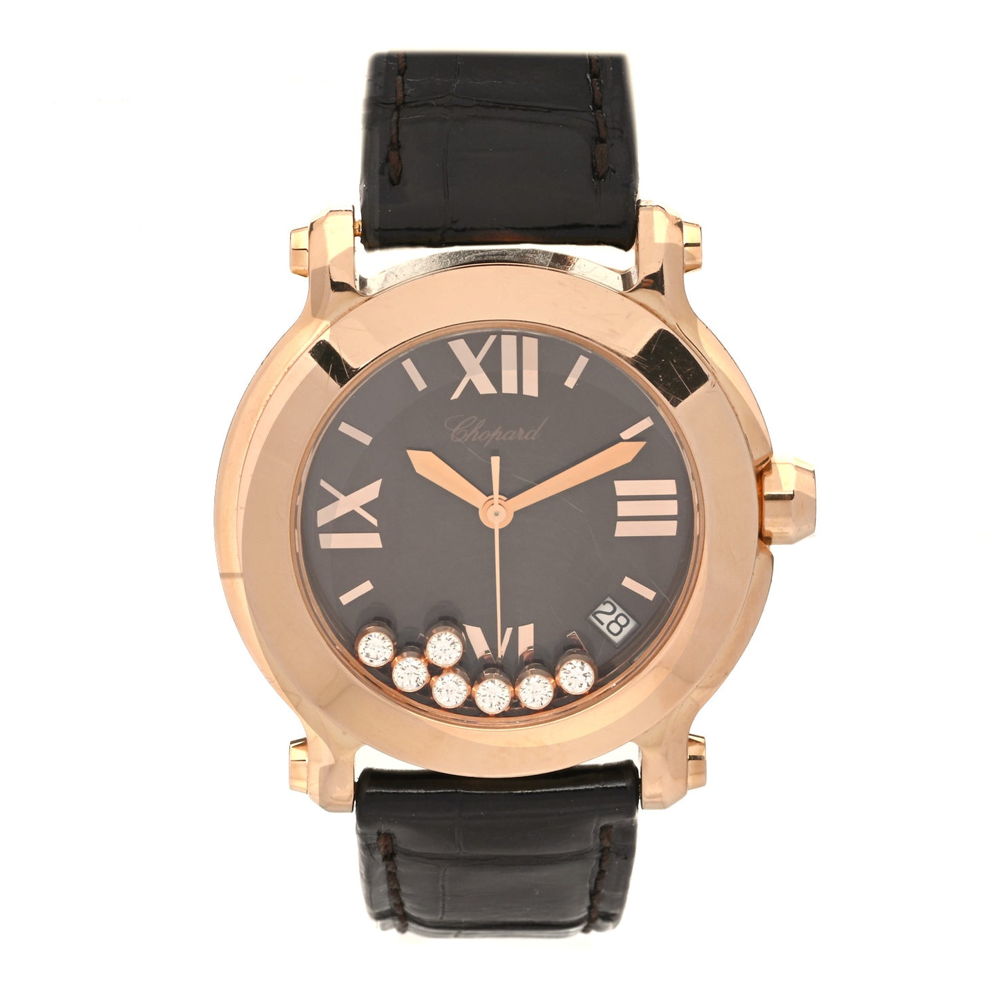 18K Rose Gold Alligator 7 Diamond 36mm Happy Sport Quartz Watch Brown