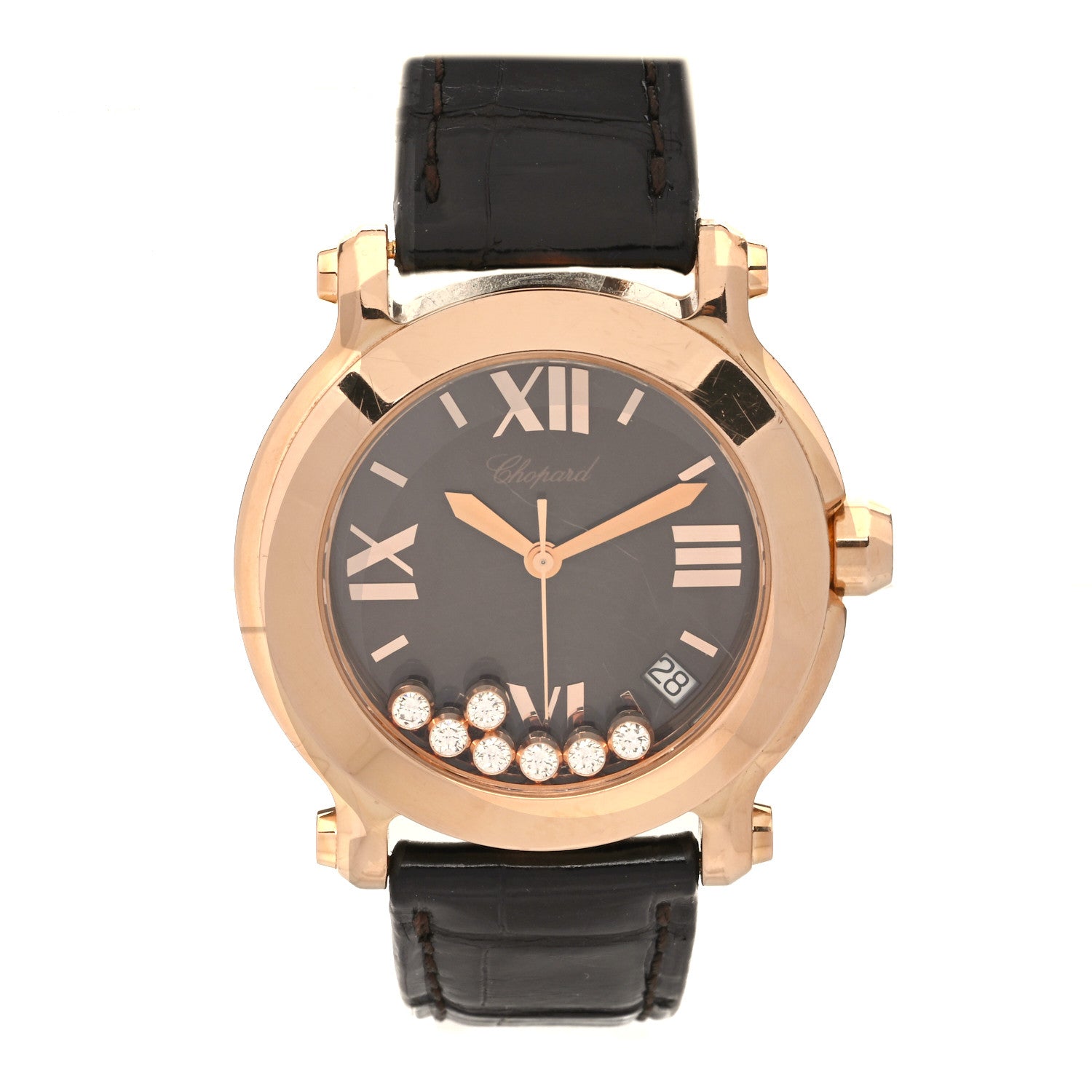 Chopard 18K Rose Gold Alligator 7 Diamond 36mm Happy Sport Quartz Watch Brown 1 of 5