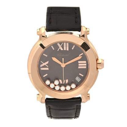 Chopard 18K Rose Gold Alligator 7 Diamond 36mm Happy Sport Quartz Watch Brown 1 of 5