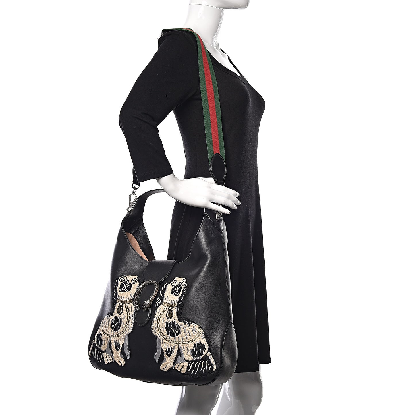 Calfskin Web Dog Embroidered Large Dionysus Hobo Black