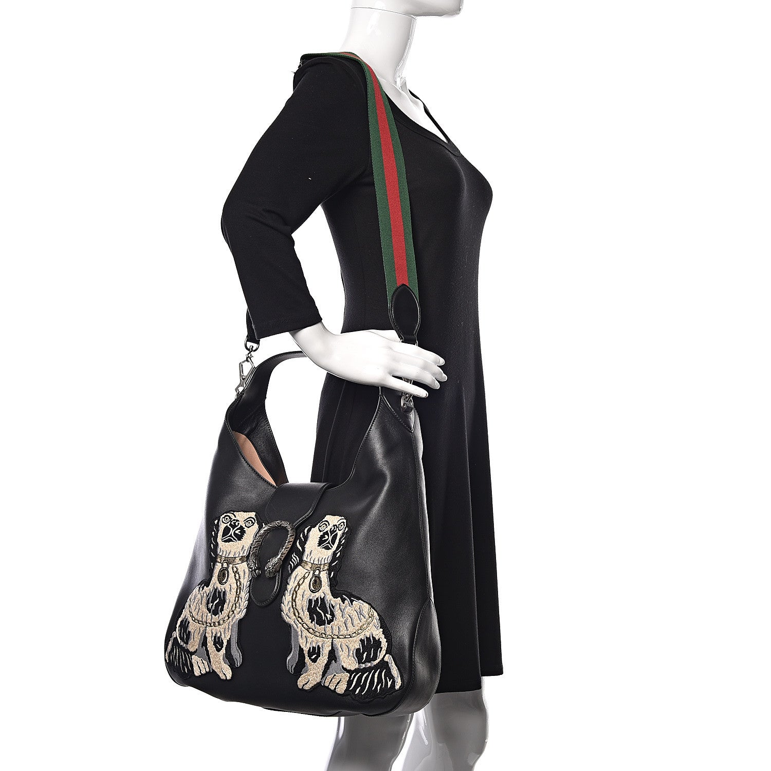 Gucci Calfskin Web Dog Embroidered Large Dionysus Hobo Black 2 of 11