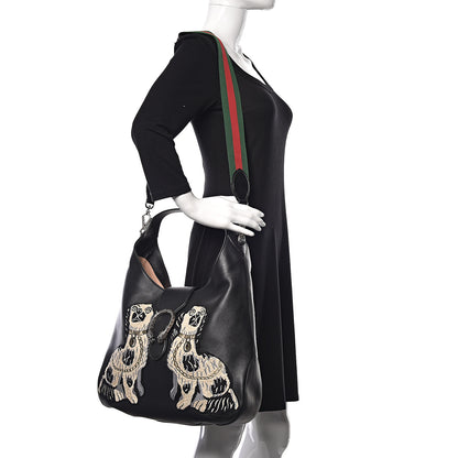 Gucci Calfskin Web Dog Embroidered Large Dionysus Hobo Black 2 of 11