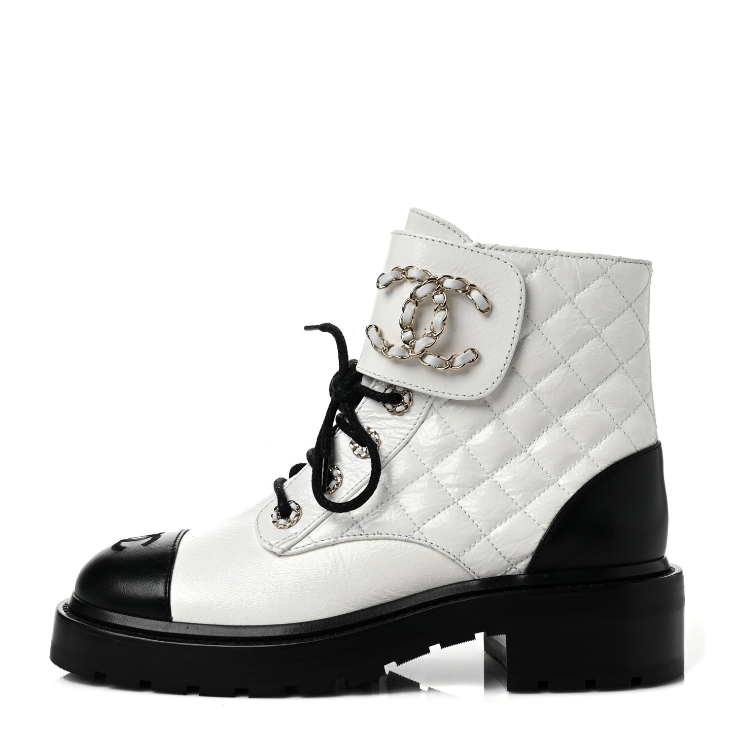 Shiny Goatskin Calfskin Quilted Lace Up Combat Boots 37 Black White
