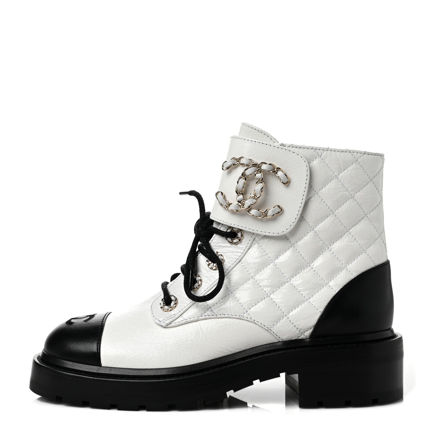 Chanel Shiny Goatskin Calfskin Quilted Lace Up Combat Boots 37 Black White 1 of 10
