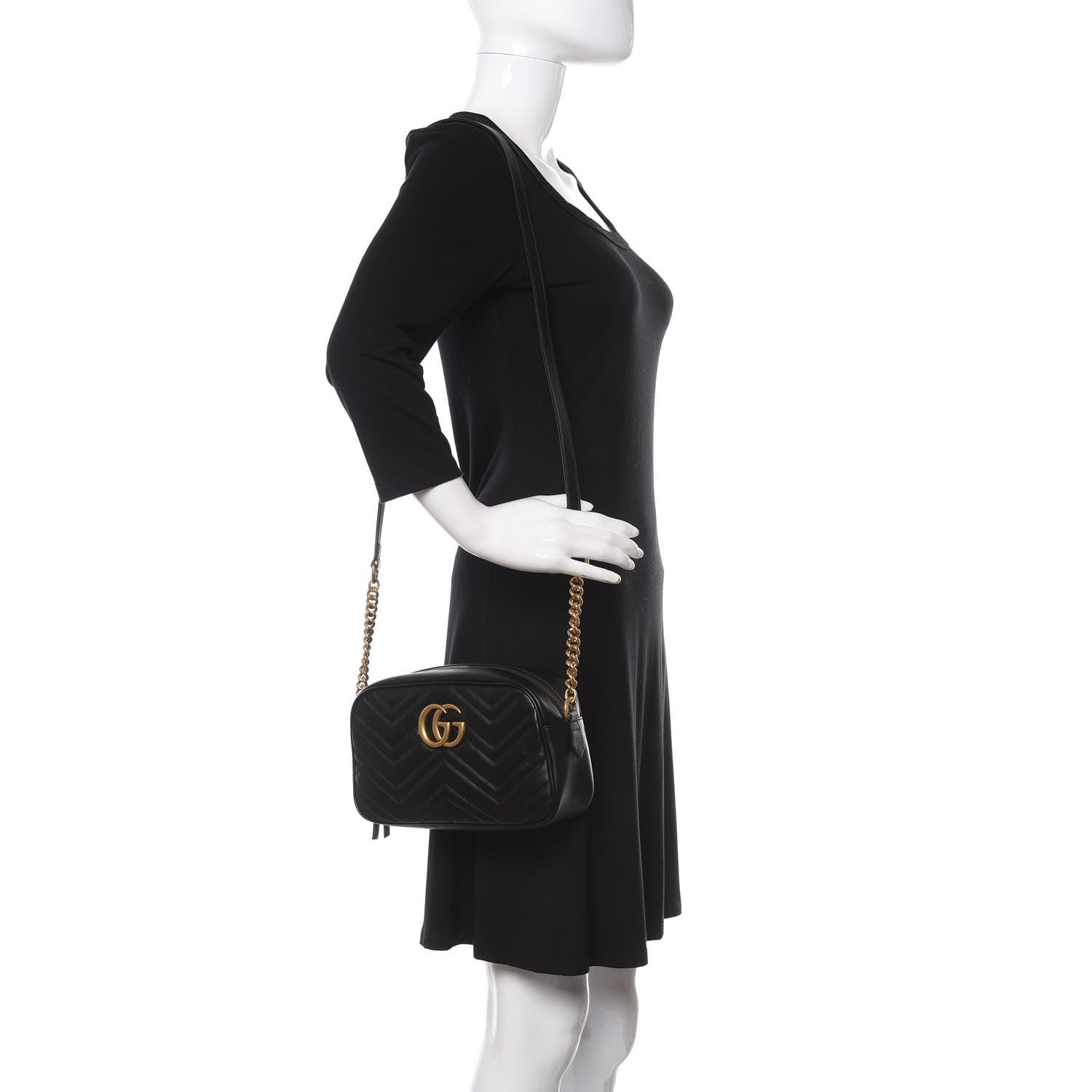 Gucci Calfskin Matelasse Small GG Marmont Chain Shoulder Bag Black 2 of 11