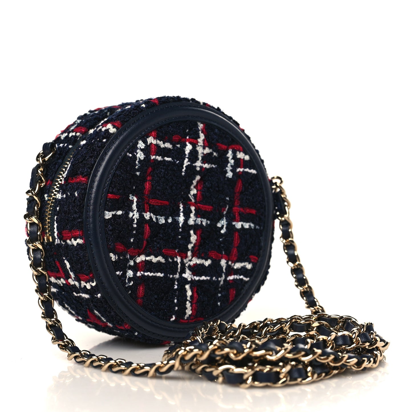 Tweed Quilted Round Filigree Clutch With Chain Navy Blue