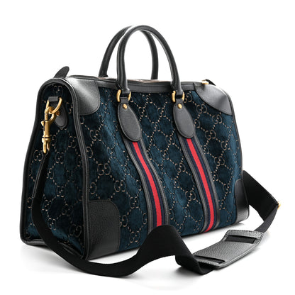 Gucci Velvet GG Monogram Textured Calfskin Web Medium Duffle Bag Blue Beige Black 2 of 11
