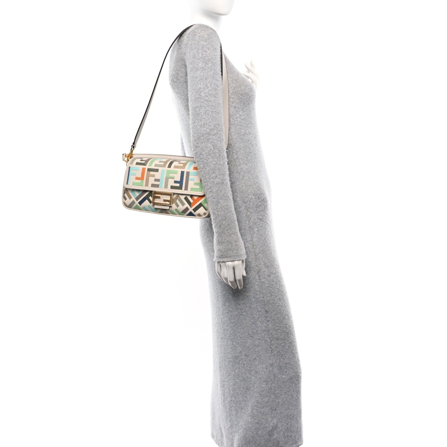 Fendi Canvas Vitello Seta FF Multicolor Embroidered Baguette Grezzo Multicolor Latte 2 of 10