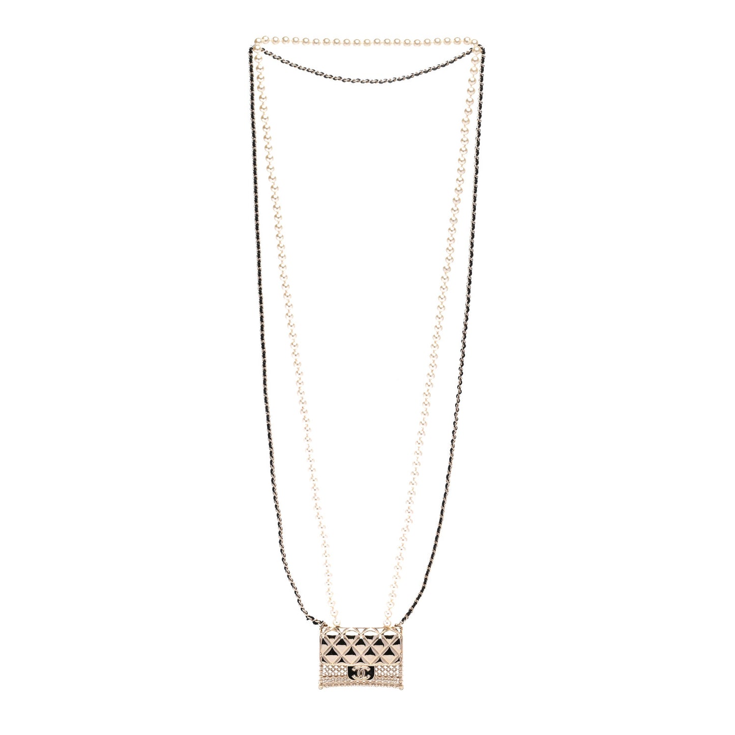 Metal Lambskin Pearl Chain Flap Bag Long Necklace Gold Black Pearly White