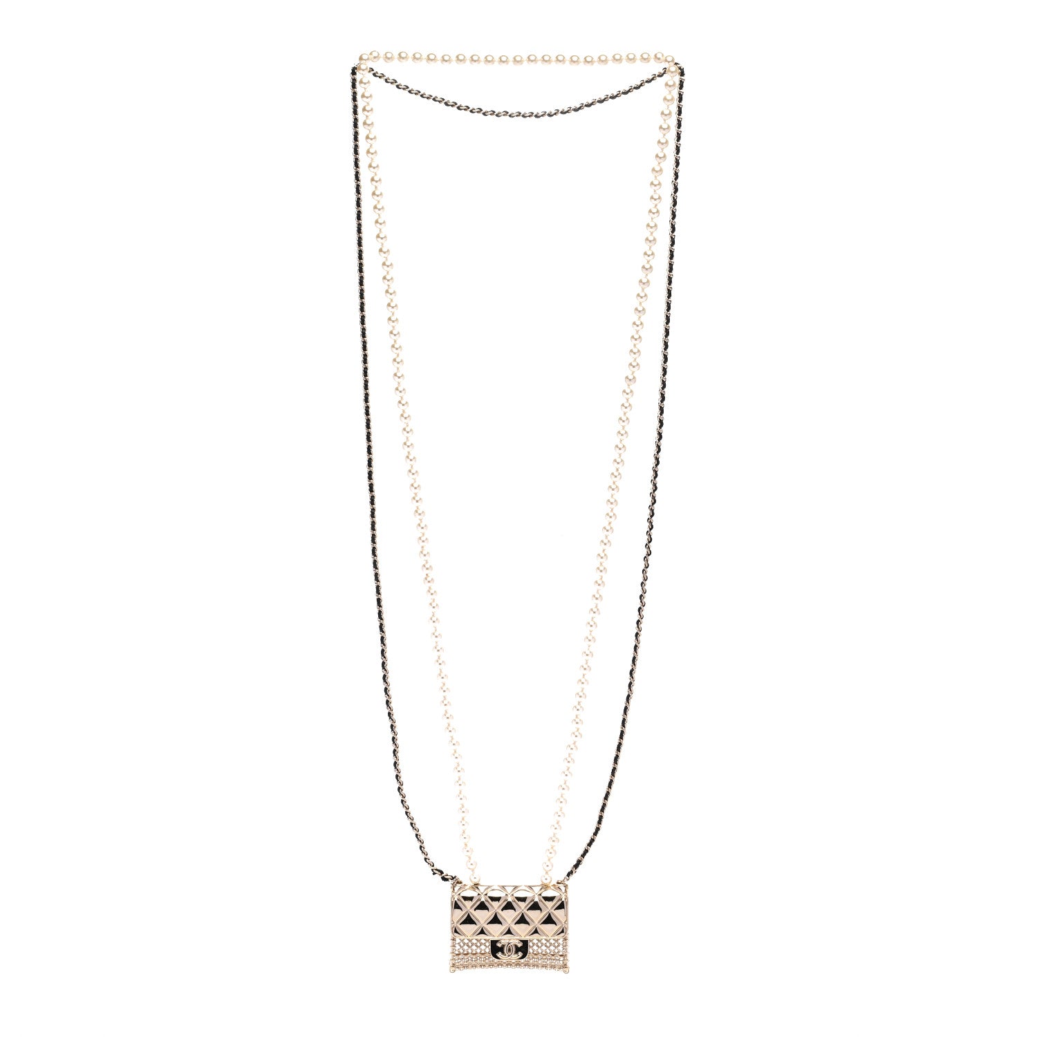 Chanel Metal Lambskin Pearl Chain Flap Bag Long Necklace Gold Black Pearly White 3 of 5