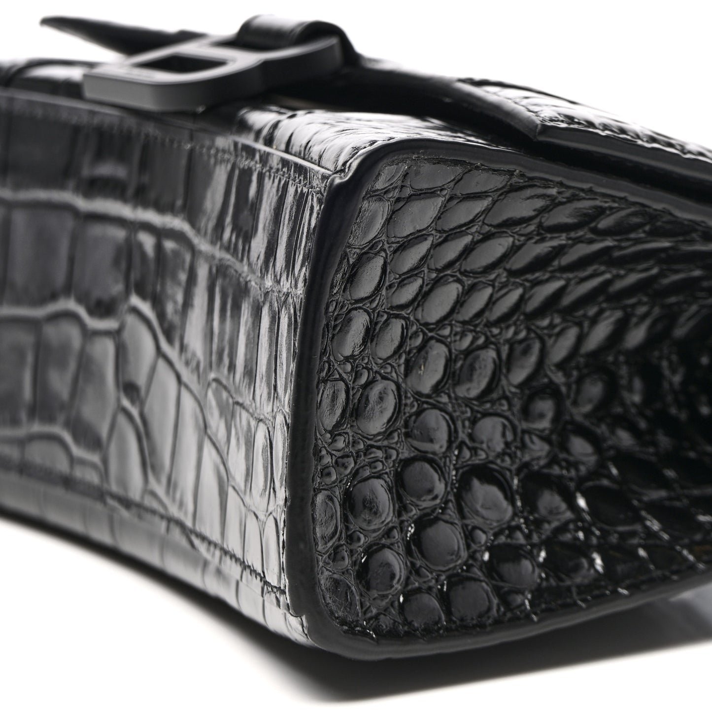 Shiny Calfskin Monochrome Crocodile Embossed Hourglass Top Handle Bag XS Black