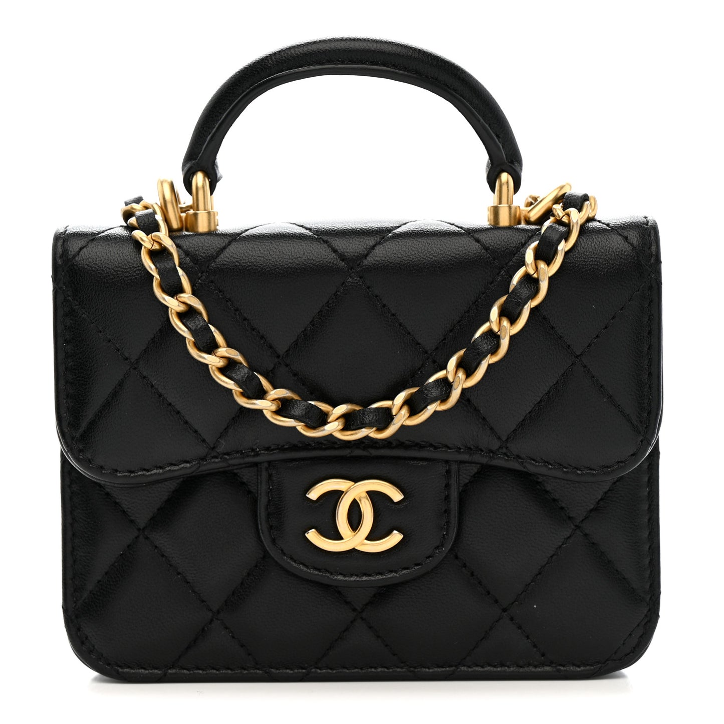 Lambskin Quilted Top Handle Flap Coin Purse With Chain Black