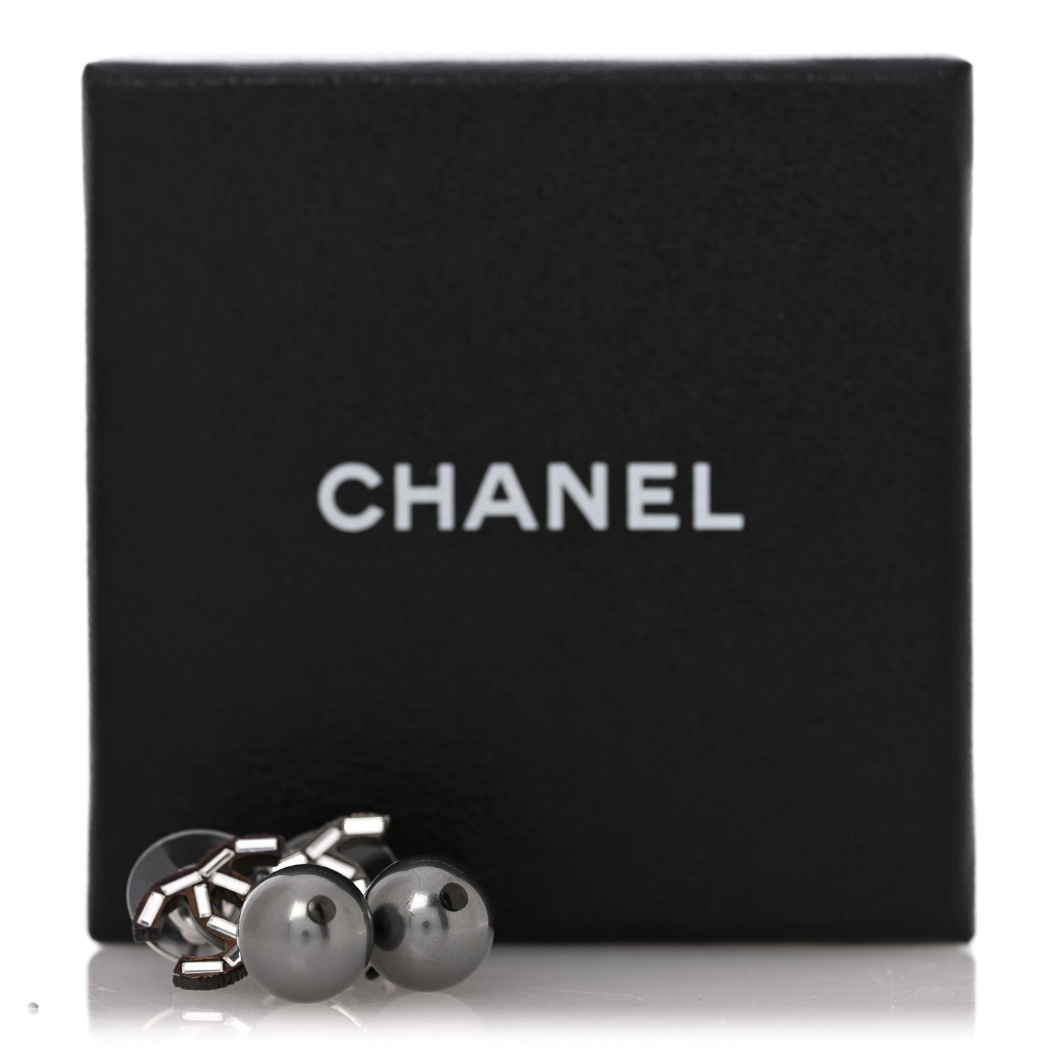 Chanel Ruthenium Pearl Crystal Baguette CC Drop Earrings Silver Grey 5 of 5