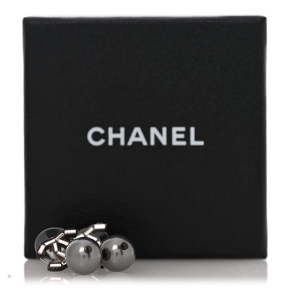 Chanel Ruthenium Pearl Crystal Baguette CC Drop Earrings Silver Grey 5 of 5