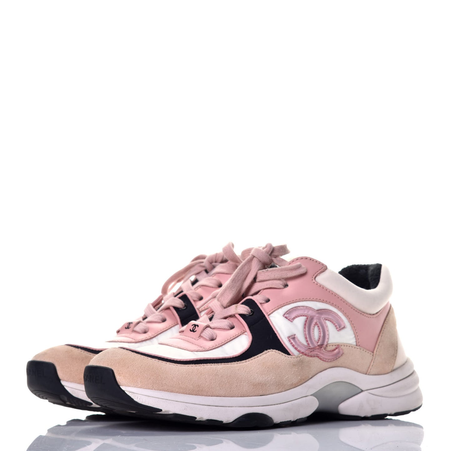 Nylon Lambskin Suede Calfskin CC Sneakers 38 Pink White Black