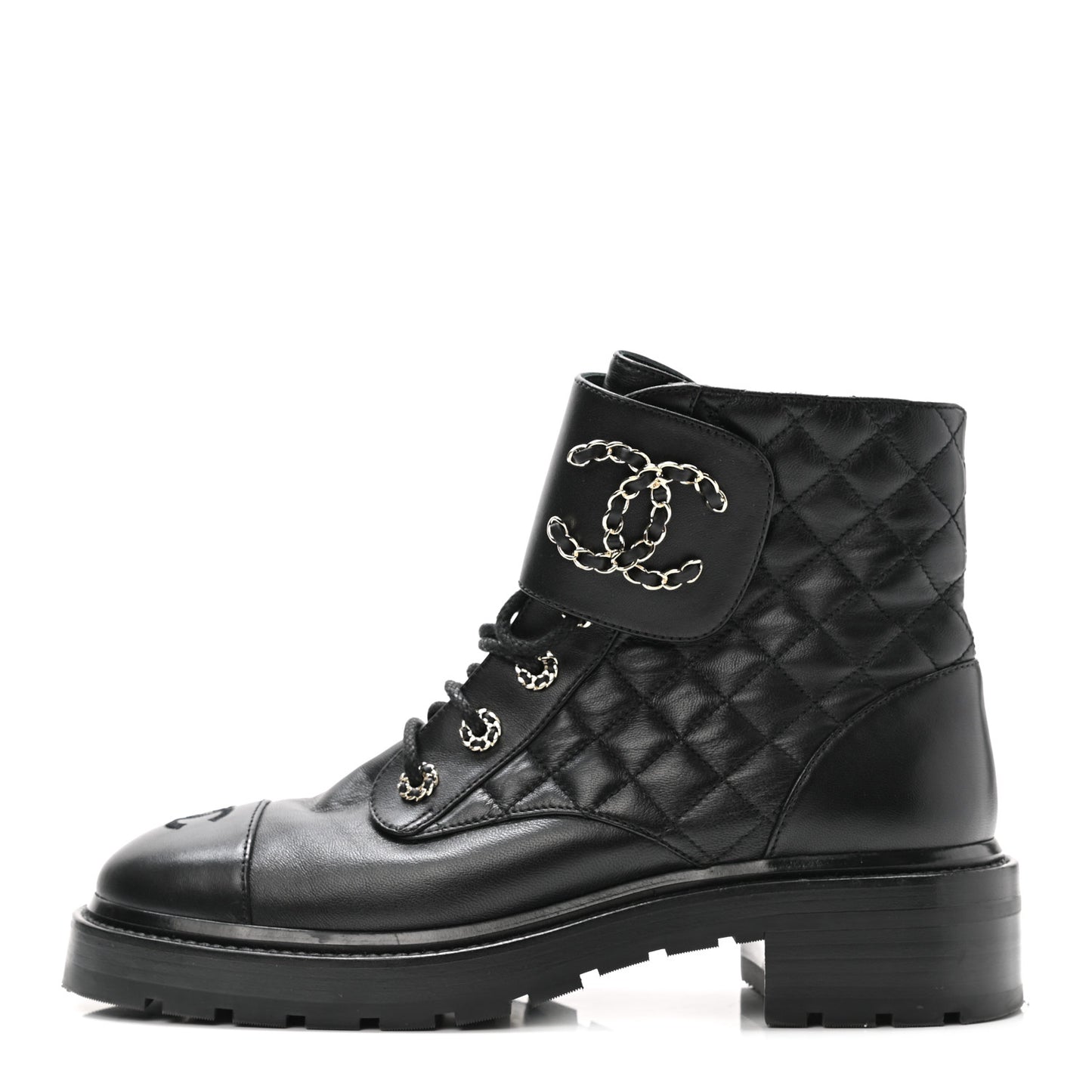 Shiny Calfskin Quilted Lace Up Combat Boots 40 Black