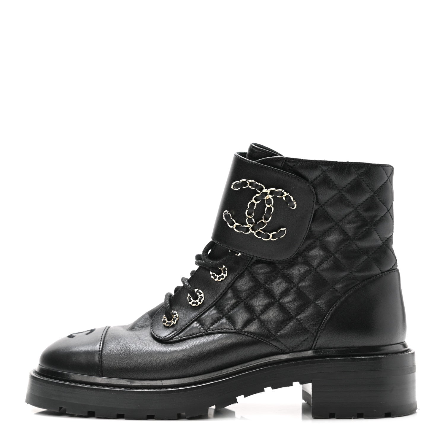 Chanel Shiny Calfskin Quilted Lace Up Combat Boots 40 Black 1 of 9