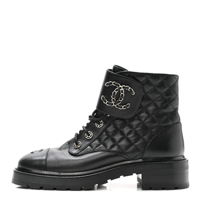 Chanel Shiny Calfskin Quilted Lace Up Combat Boots 40 Black 1 of 9