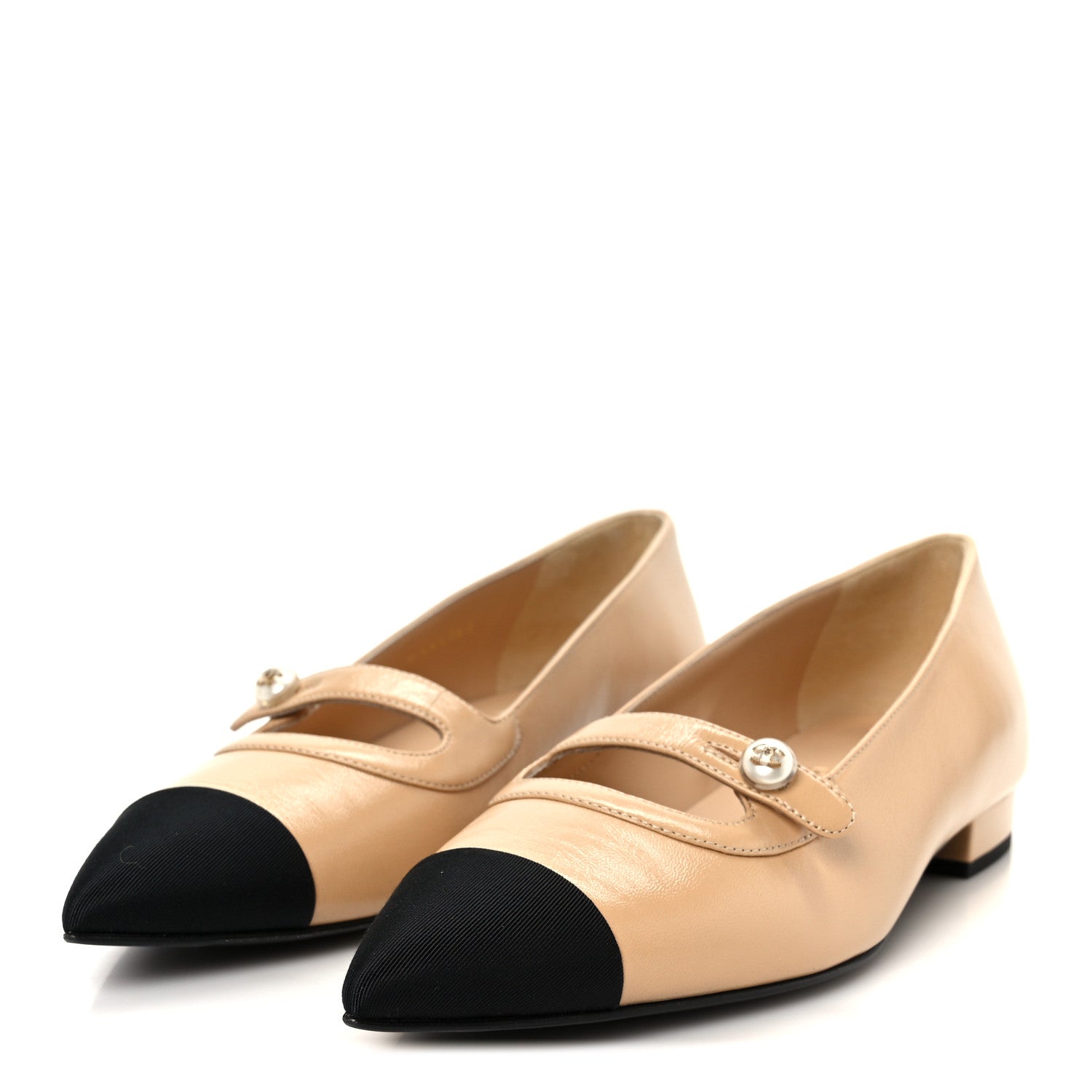 Chanel Shiny Lambskin Grosgrain Pointed Toe CC Ballet Flats 37.5 Beige Black 4 of 10