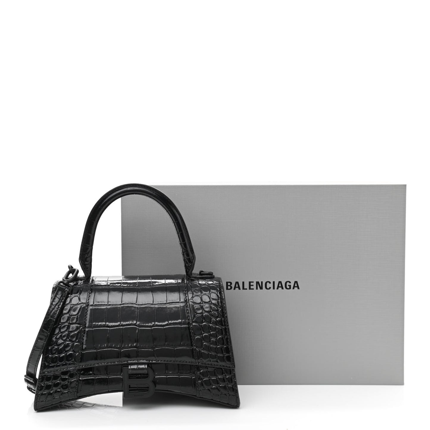 Shiny Calfskin Monochrome Crocodile Embossed Small Hourglass Top Handle Bag Black