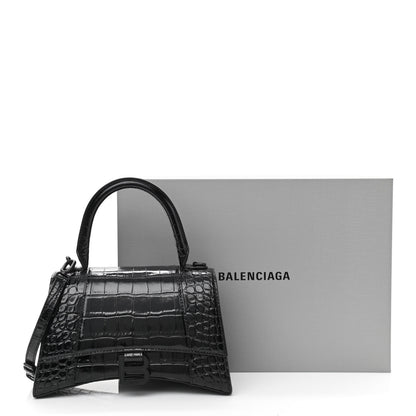 Balenciaga Shiny Calfskin Monochrome Crocodile Embossed Small Hourglass Top Handle Bag Black 11 of 11