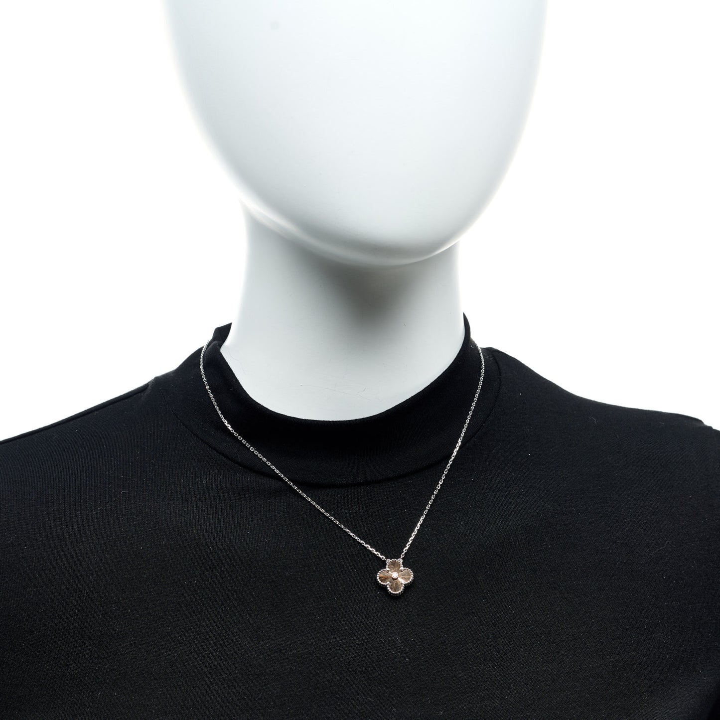 18K White Rose Gold Diamond Guilloche Vintage Alhambra Pendant Necklace
