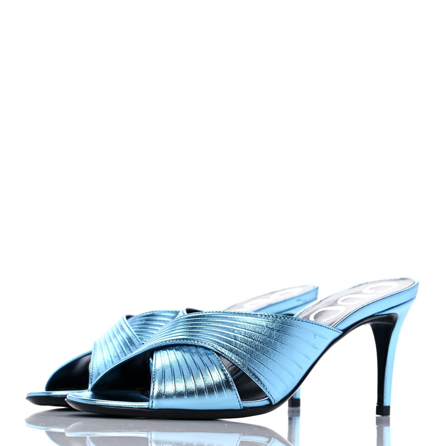 Gucci Metallic Nappa Crawford Knot Mid Heel Slide Sandals 36 Cielo 3 of 10