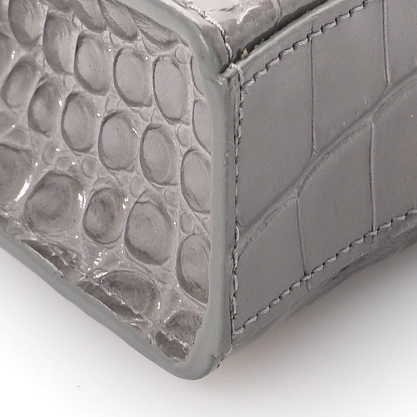 Shiny Calfskin Crocodile Embossed Hourglass Top Handle Bag Mini Steel Grey