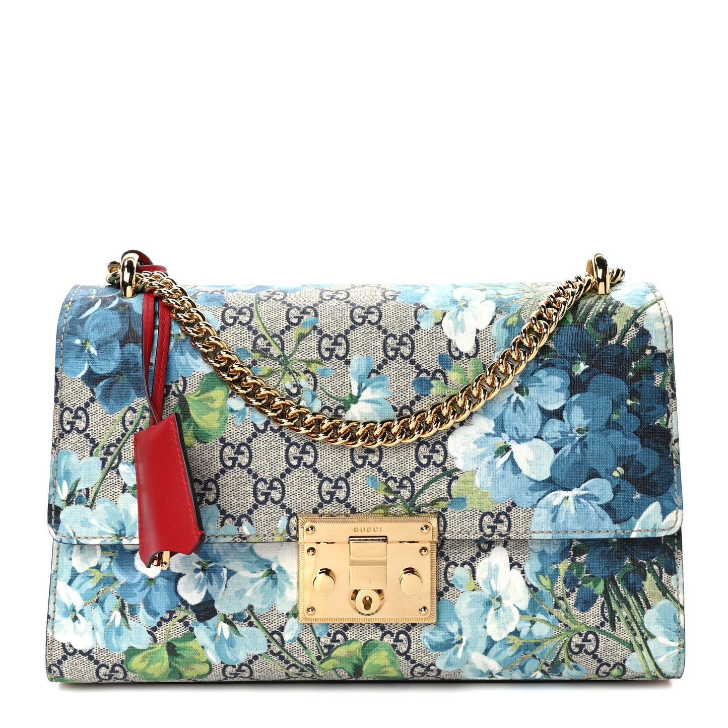 GG Supreme Monogram Blooms Medium Padlock Shoulder Bag Beige Blue Navy Hibiscus Red