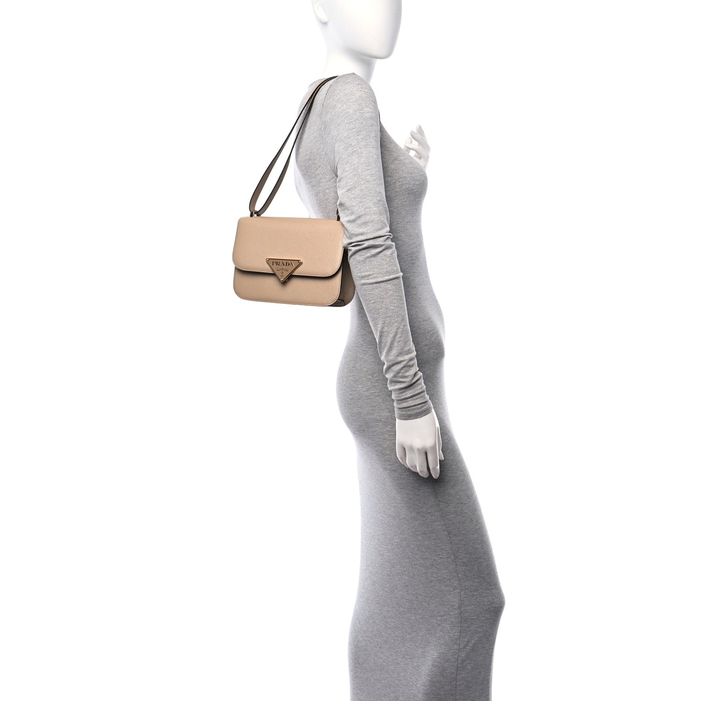 Saffiano Cuir Triangle Embleme Flap Shoulder Bag Sabbia