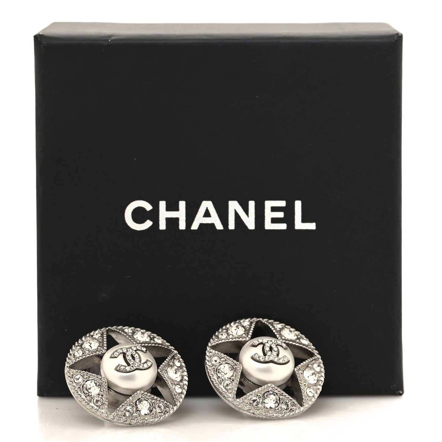 Pearl Crystal Star CC Round Earrings Silver