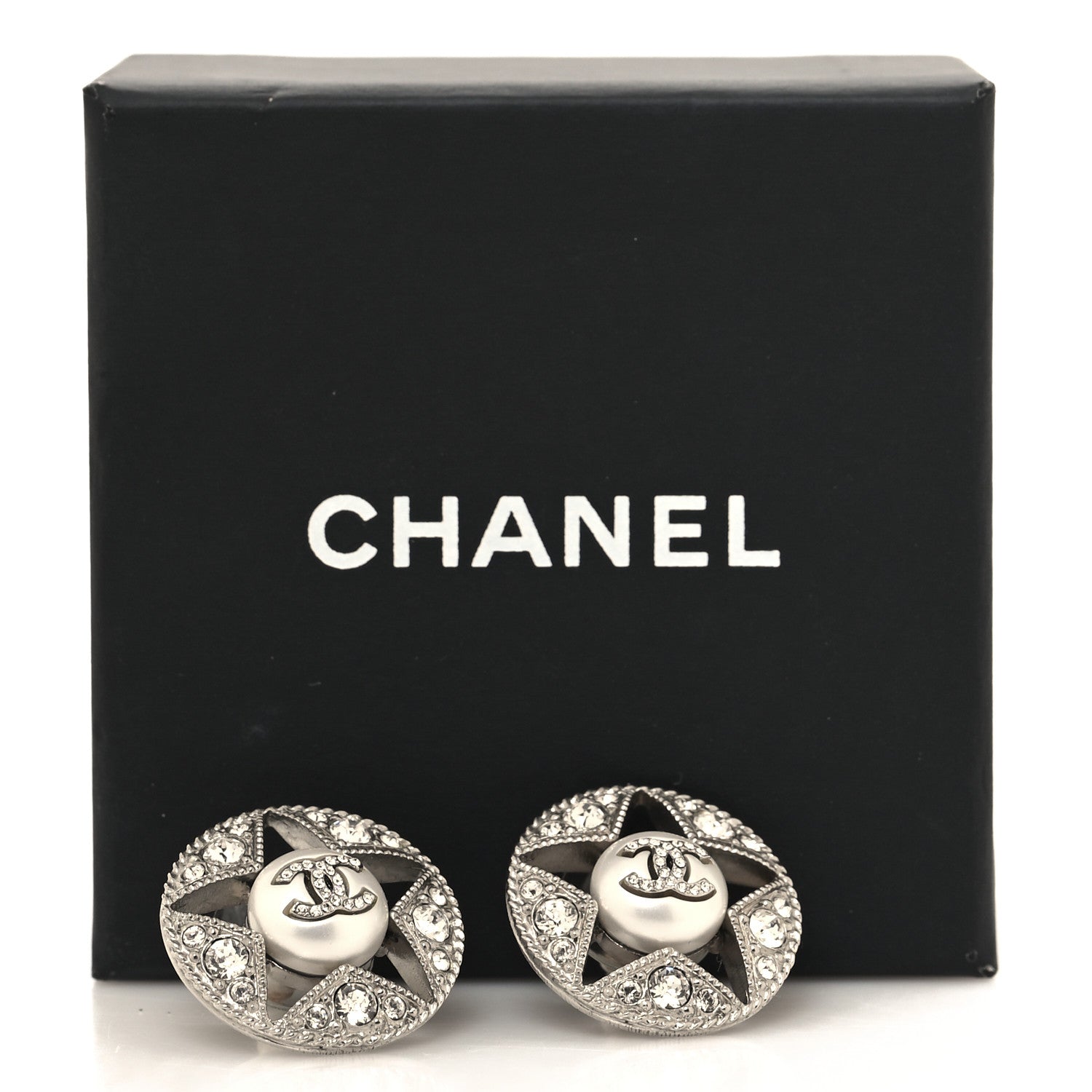 Chanel Pearl Crystal Star CC Round Earrings Silver 5 of 5