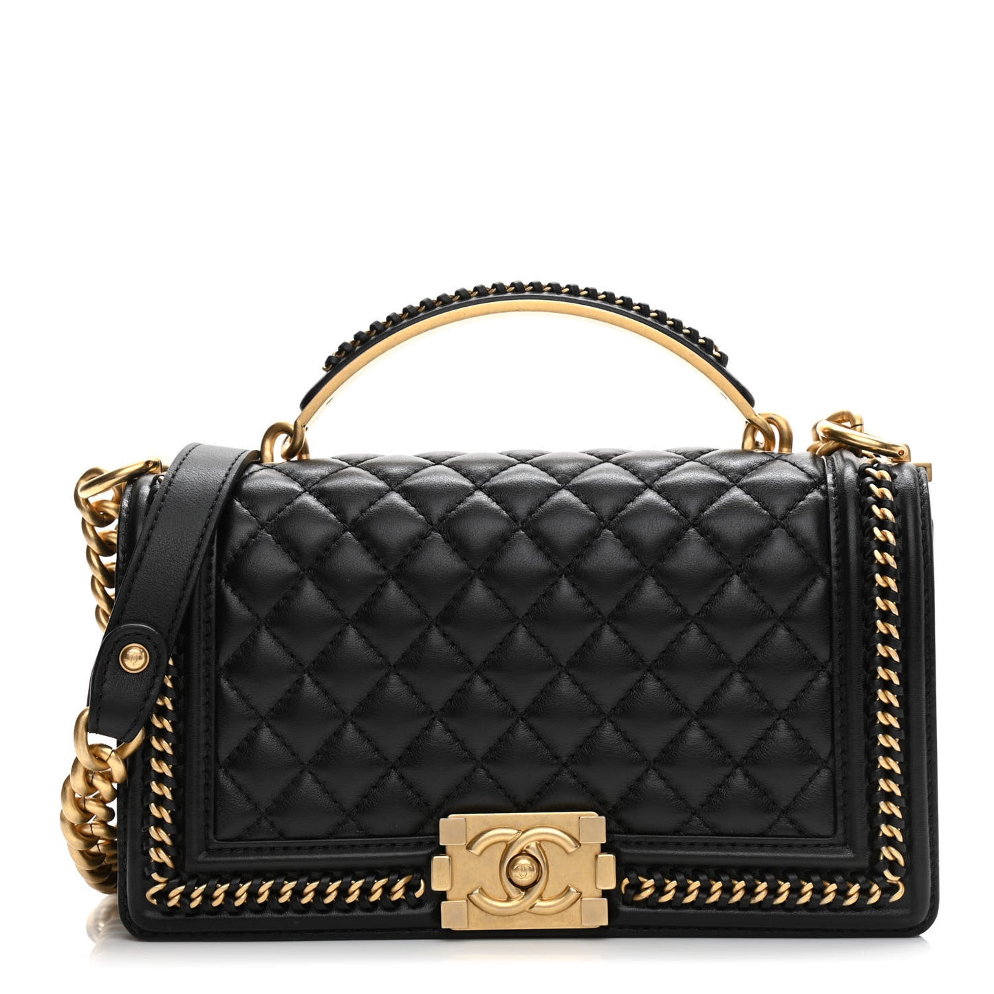 Lambskin Quilted Medium Top Handle Boy Flap Black