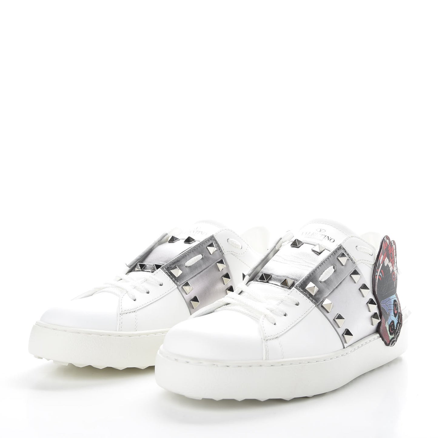 X UNDERCOVER Calfskin Butterfly Womens Rockstud Untitled Open Sneakers 39 White Silver