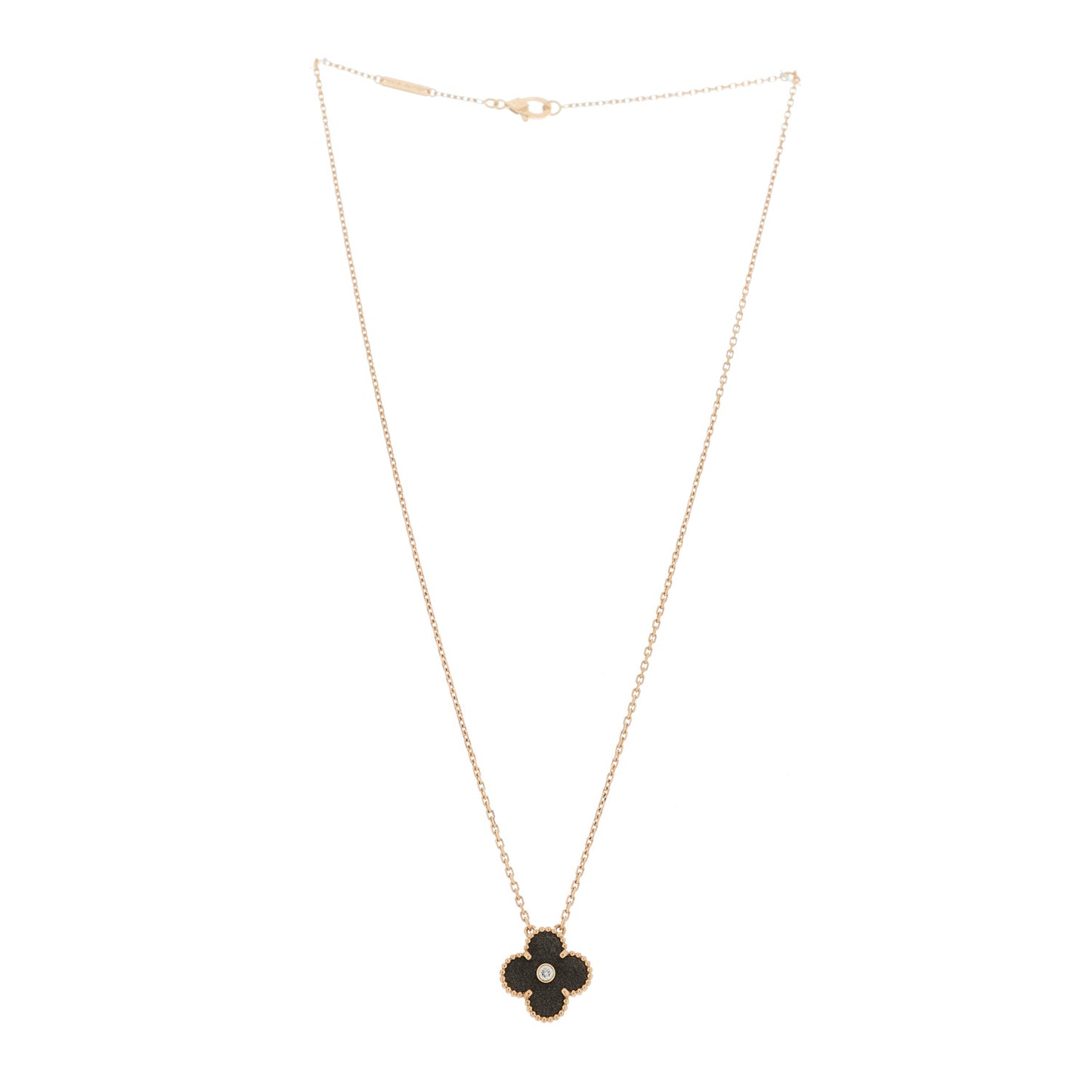 18K Rose Gold Diamond Silver Obsidian Vintage Alhambra Pendant Necklace