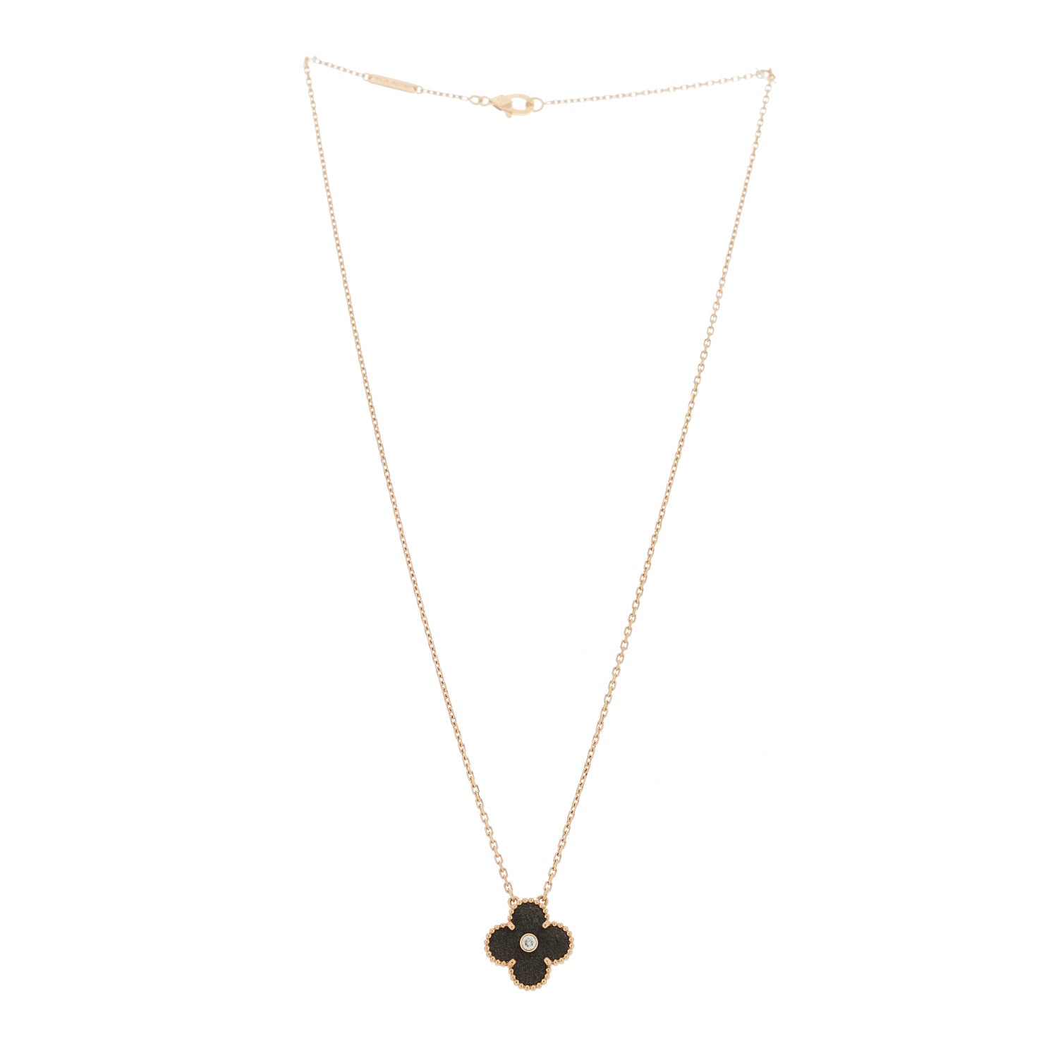 Van Cleef & Arpels 18K Rose Gold Diamond Silver Obsidian Vintage Alhambra Pendant Necklace 3 of 6
