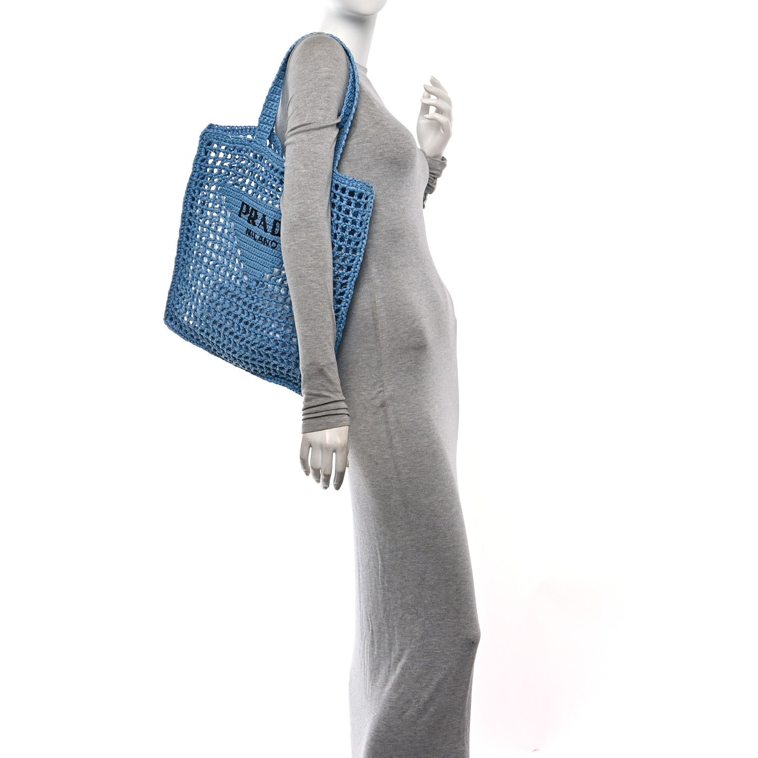 Prada Yarn Raffia Effect Crochet Logo Embroidered Tote Bag Celeste 2 of 9