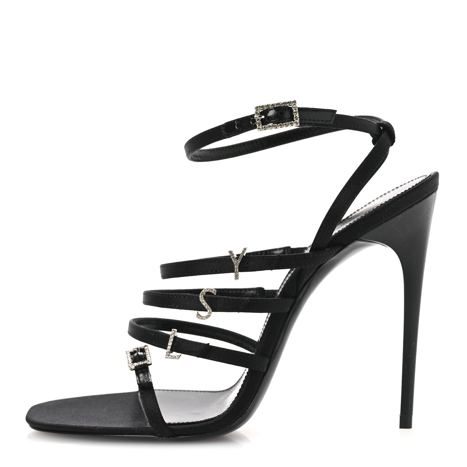 Saint Laurent Crepe Satin Crystal Logo Jerry 110 Ankle Strap Sandals 37 Black 1 of 11