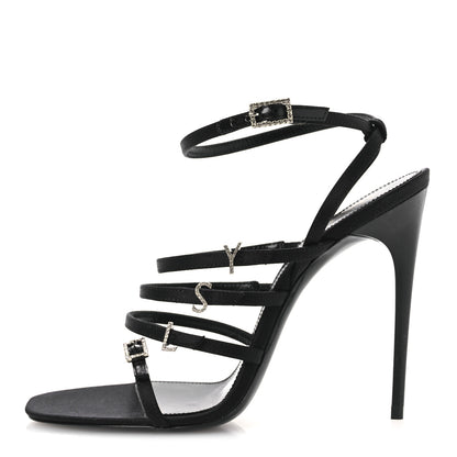 Saint Laurent Crepe Satin Crystal Logo Jerry 110 Ankle Strap Sandals 37 Black 1 of 11
