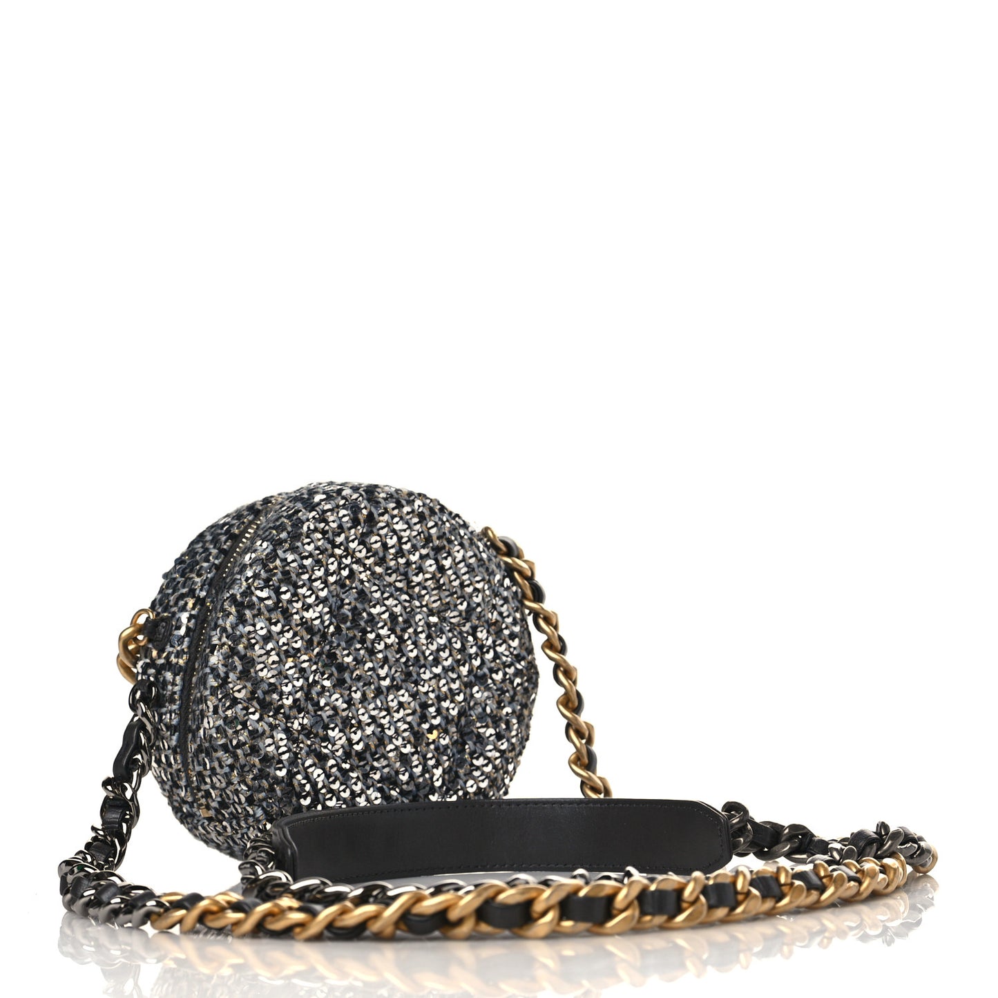 Sequin Chanel 19 Round Clutch With Chain Silver Black