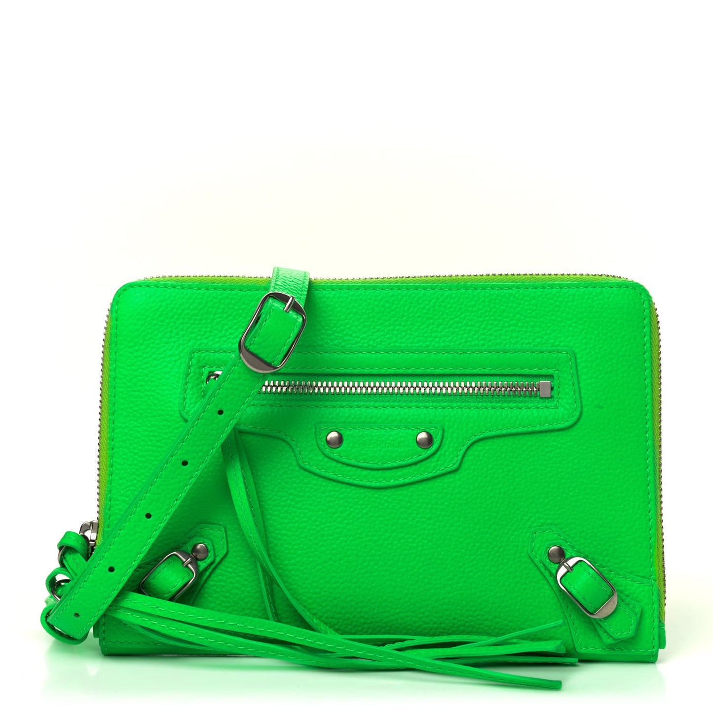 Grained Calfskin Neo Classic Silver Hardware Zip Around Crossbody Fluo Green