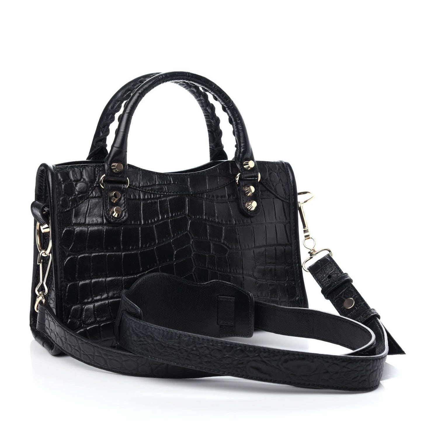 Calfskin Crocodile Embossed Classic SIlver Hardware Mini City Black
