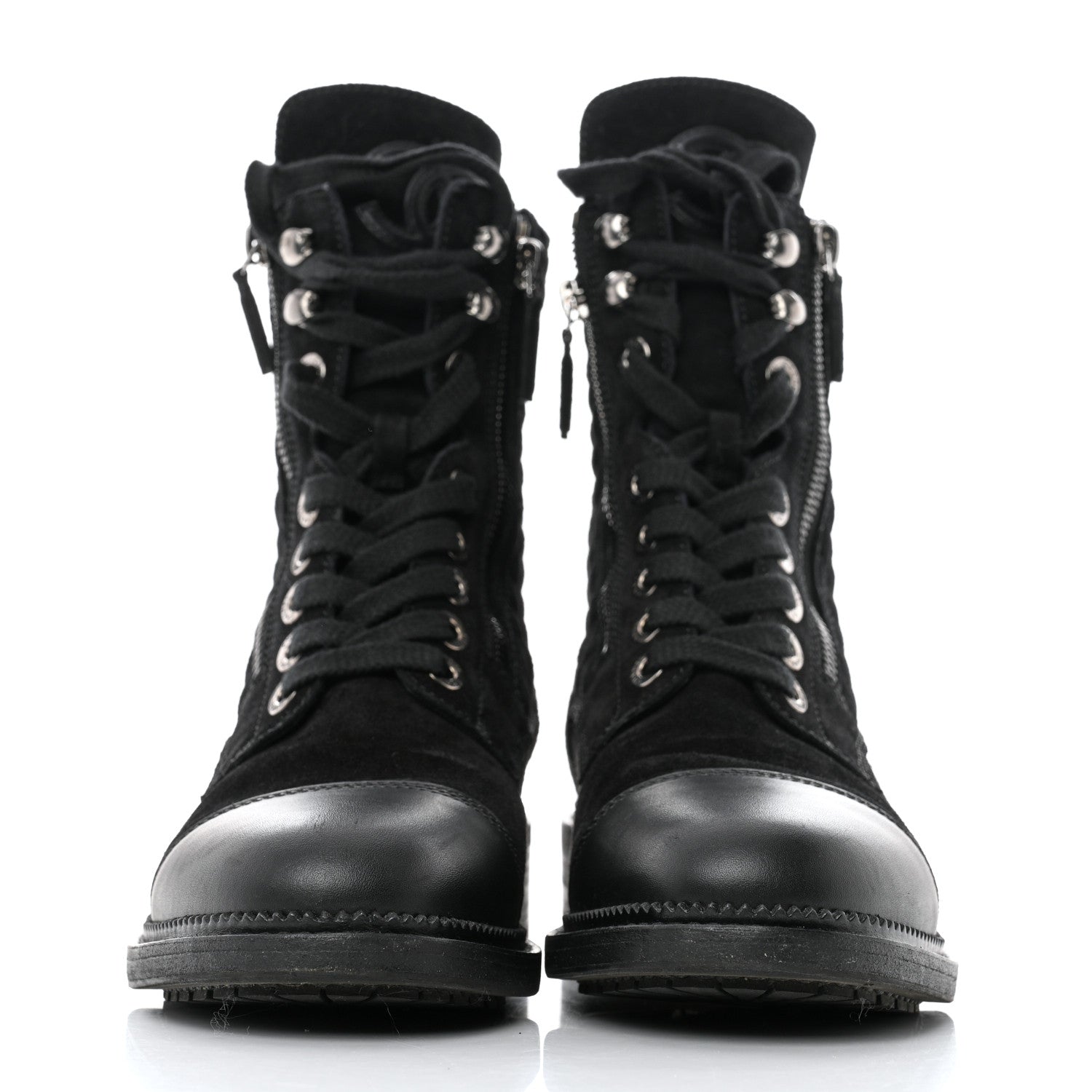 Chanel Suede Quilted CC Lace Up Combat Boots 38.5 Black 2 of 8